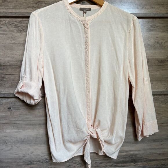 Lilla P Pale Pink Tie Front Button Down Blouse 20% Linen Women's M great preworn - Picture 6 of 11